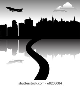 Abstract background with black road shape leading into a city and a plane flying above the city. Urban landscape