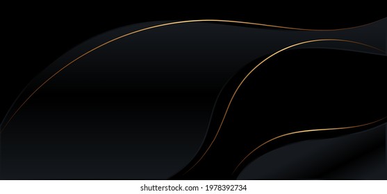 Abstract background black shiny curved shape with gold threads lines luxury style. Vector illustration