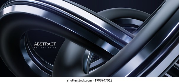 Abstract background with black and silver knot shape. Vector 3d illustration. Intertwined curvy shape. Futuristic hose loop. Banner or sign design. Modern cover template