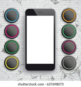 Abstract background with black smartphone, connected dots and data. Eps 10 vector file.