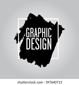 Abstract background with black spots and a white frame. Many small splashes of ink. Vector illustration. Gray background.