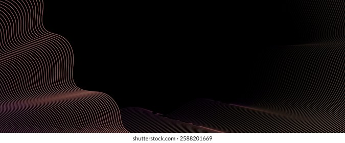 Abstract background with black background and wavy lines. Black and orange colors create a dynamic, flowing texture in the background. Minimal abstract gradient wavy line vector background