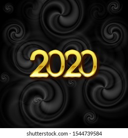 Abstract background with black wavy spirals and retro golden 2020 New Year lettering. Greeting card vector design