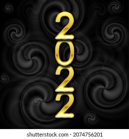 Abstract background with black wavy spirals and retro golden 2022 New Year lettering. Greeting card vector design