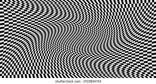 Abstract background with black and white chess board twirl, futuristic waves. Optical illusion. Vector geometrical landscape art illustration