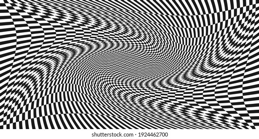 Abstract background with black and white chess board twirl, futuristic waves. Optical illusion. Vector geometrical landscape art illustration