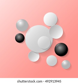 Abstract background black and white circles on a pink background, vector illustration.