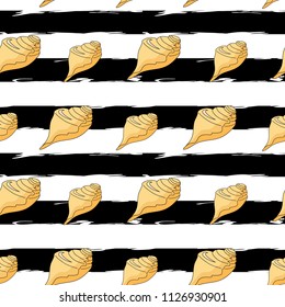 Abstract background. Black and white color. Wallpaper. Vector illustration. Striped seamless pattern with horizontal line and shell. Template for wallpaper, wrapping, textile, fabric.