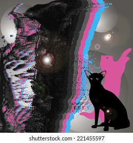 abstract background. black, white, cyan, magenta. grunge space with cats and stars