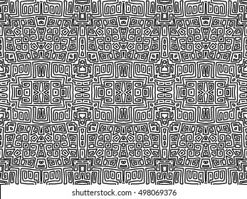 Abstract background. Black and white ethnic texture. Aztec maya wallpaper. Vector tribal background with seamless pattern swatch for web design, fabric or printed products.