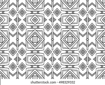 Abstract background. Black and white ethnic texture. Geometric wallpaper. Vector tribal background with seamless pattern swatch for web design, fabric or printed products.
