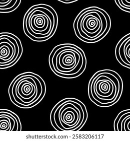 Abstract background black and white freehand circles. Simple contrast seamless pattern with rounded spots consisting of line rings. Repeat ornament for covers, interior textiles: bedspreads, pillows.