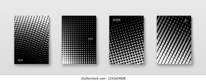 Abstract background with black, white, grey elements, halftone texture. Monochrome pattern poster design. Trend minimal cover. Vector illustration.