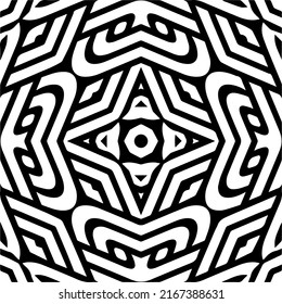 Abstrakter Hintergrund mit schwarz-weißer Mandala. Einzigartige geometrische Vektorgrafik. Ideal für die Website-Hintergrund, Wickelpapier, Tapete, Textil und Oberflächendesign. 