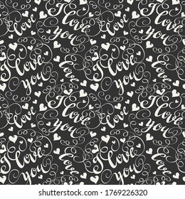 Antecedentes abstractos con un patrón impecable de letras en blanco y negro con la inscripción - te amo. Patrón sin inconvenientes, textura de papel tapiz. Imagen de fondo del vector.