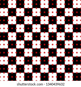 Abstract background with black and white squares and red five-pointed stars