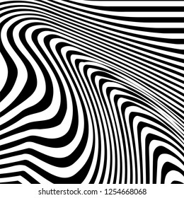 Abstract background with black and white striped, futuristic waves. Vector