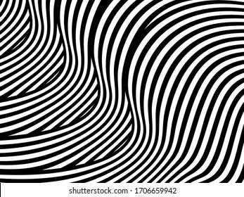 Abstract background with black and white striped, futuristic waves. Geometrical pattern. Vector illustration