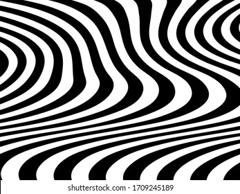 Abstract background with black and white striped, futuristic waves. Geometrical pattern. Vector illustration