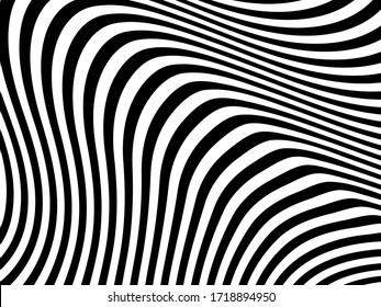 Abstract background with black and white striped, futuristic waves. Geometrical pattern. Vector illustration