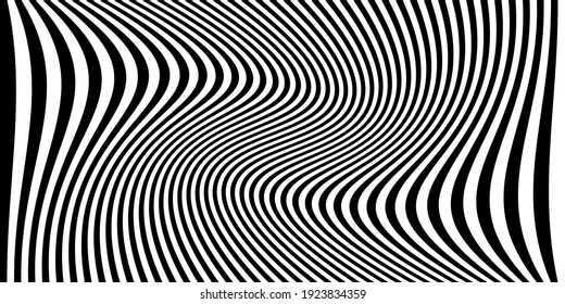 Abstract background with black and white striped zebra, futuristic waves. Optical illusion. Vector geometrical landscape art illustration