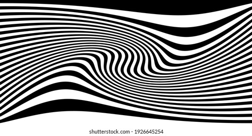 Abstract background with black and white striped zebra, futuristic waves. Optical illusion. Vector geometrical landscape art illustration