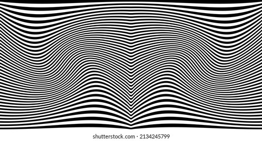 Abstract Background With Black And White Striped Zebra, Futuristic Waves. Optical Illusion. Vector Geometrical Landscape Art Illustration. Psychedelia Toxic Twirl Art