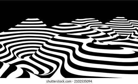 Abstract background of black and white stripes. Optical illusion wave. Distortion effect. Vector illustration.