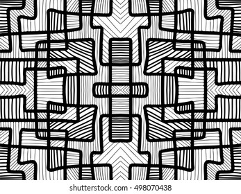 Abstract background. Black and white texture. Geometric shapes wallpaper. Vector tribal background with seamless pattern swatch for web design, fabric or printed products.