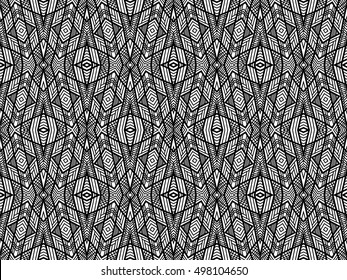 Abstract background. Black and white texture. Geometric shapes wallpaper. Vector tribal background with seamless pattern swatch for web design, fabric or printed products.