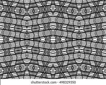 Abstract background. Black and white texture. Geometric shapes wallpaper. Vector tribal background with seamless pattern swatch for web design, fabric or printed products.