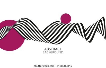 Abstract background of black and white wavy stripes, ribbon with circles on a white background