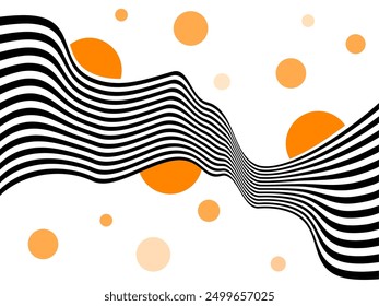 
Abstract background of black and white wavy stripes with orange circles on a white background. Illusion.
