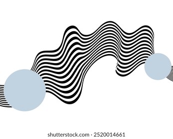 Abstract background of black and white wavy stripes with blue circles on a white background. Illusion.