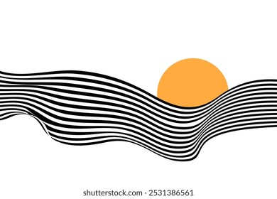 Fondo Abstractas de rayas onduladas blancas y negras con círculos naranjas sobre un fondo blanco. Ilusión.