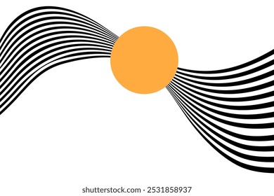 Abstract background of black and white wavy stripes with orange circles on a white background. Illusion.