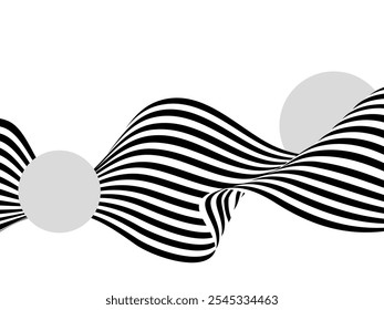 Abstrakter Hintergrund von schwarz-weißen, gewellten Streifen mit grauen Kreisen auf weißem Hintergrund. Illusion.	