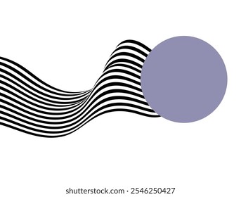 Fundo abstrato de listras onduladas pretas e brancas com círculos cinzas sobre um fundo branco. Ilusão.	