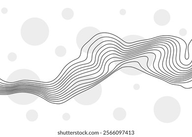 Abstract background of black and white wavy stripes with gray circles on a white background. Illusion.