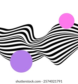 Abstract background of black and white wavy stripes with purple and pink circles on a white background. Illusion.