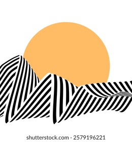 Abstract background of black and white wavy stripes with orange circle on a white background. Illusion.