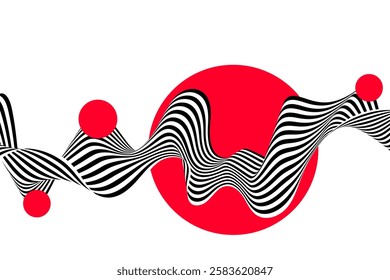 Abstract background of black and white wavy stripes with red circles on a white background. Illusion.