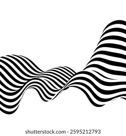 Abstract background of black and white wavy stripes with red circles on a white background. Illusion.