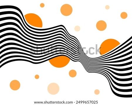 
Abstract background of black and white wavy stripes with orange circles on a white background. Illusion.
