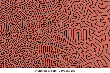 Abstract background with black zig zag stroke. Orange or brown wallpaper with bold geometric lines. Crazy doodle labyrinth pattern. Vector illustration. Modern maze geometric ornament backdrop.