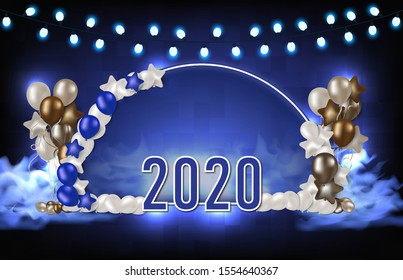 abstract background of blue arch balloons and 2020 new year text, futuristic party technology concept