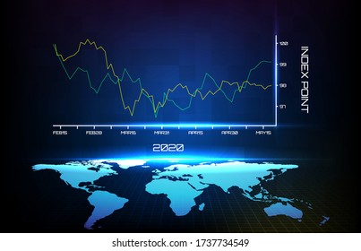 Abstract background of blue average first quarter in year 2020 graph and world map