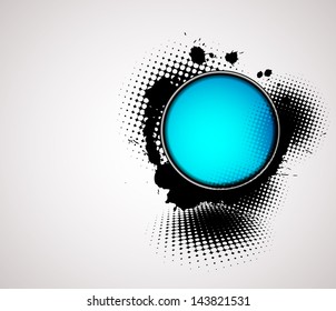 abstract background with blue badge, splatters and halftone effect