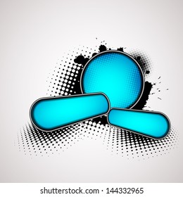 abstract background with blue badges, splatters and halftone effect