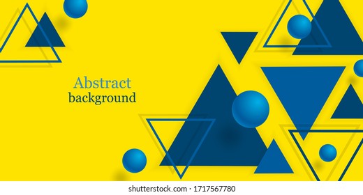 Abstract background with blue balls and triangles. Vector illustration with geometric shapes. Dynamic 3d sphere, triangle. Horizontal yellow banner. Design cover, wallpaper, template, card, web. Stock
